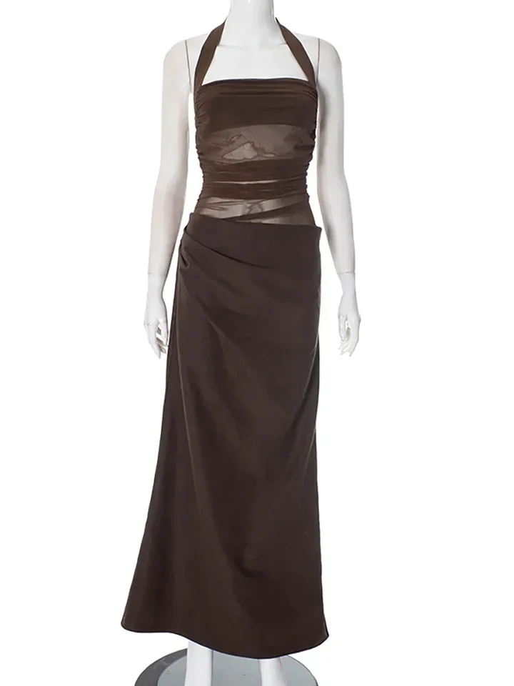 Abito lungo da donna con scollo all'americana sexy patchwork Abito lungo da donna in maglia trasparente marrone Abito da club elegante sottile primaverile femminile