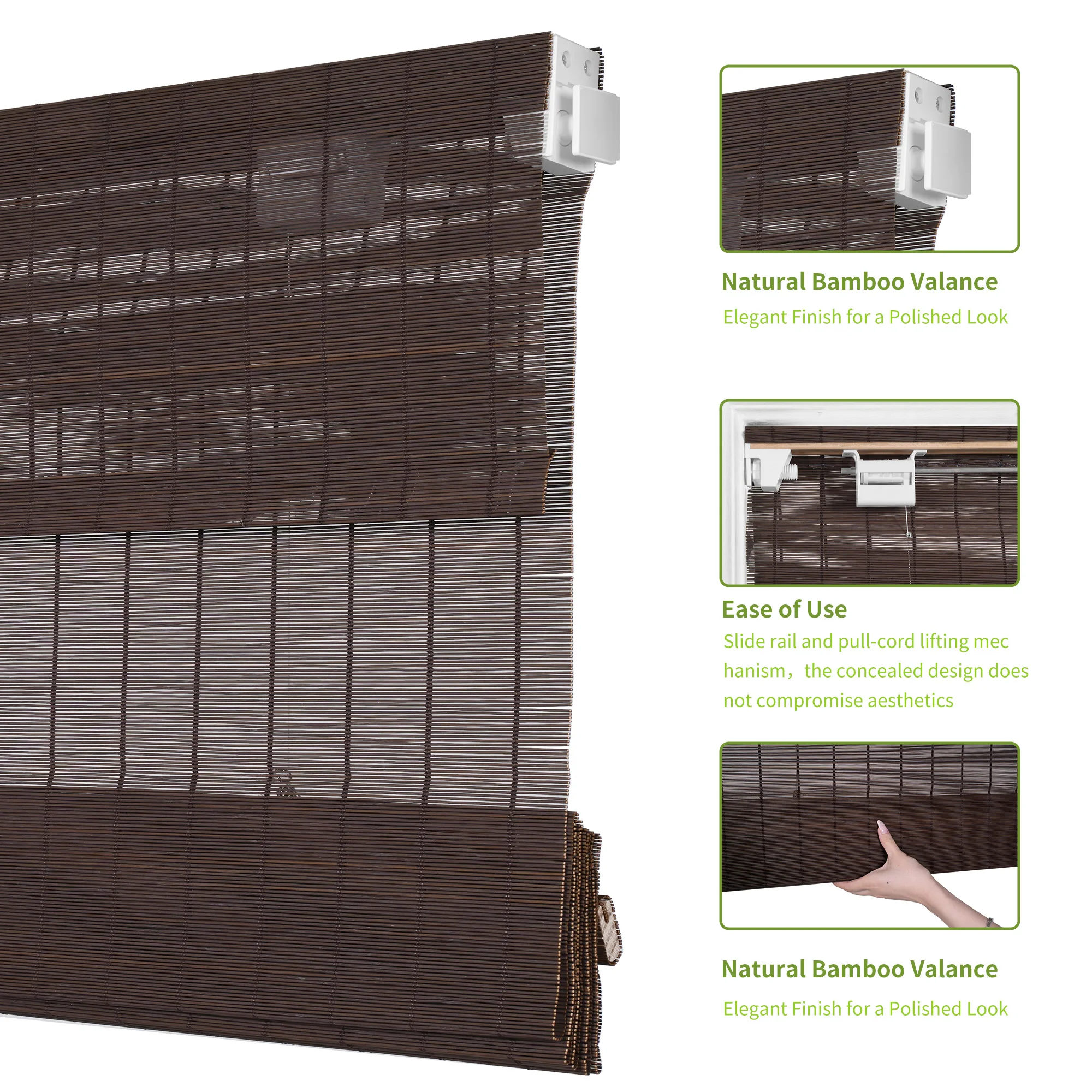 No Tools No Drill Cordless Bamboo Roman Shades, Light Filtering Window Treatment, Roll Up Bamboo Blinds for Window Roller Blinds