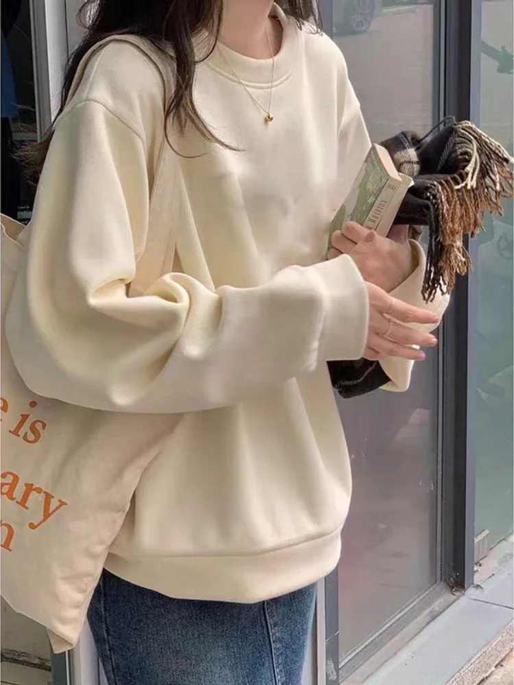 

Толстовки женские с круглым вырезом, однотонные, простые, универсальные, повседневные, свободные, в корейском стиле, ленивая мода, уличная одежда для пар, студентов, осень