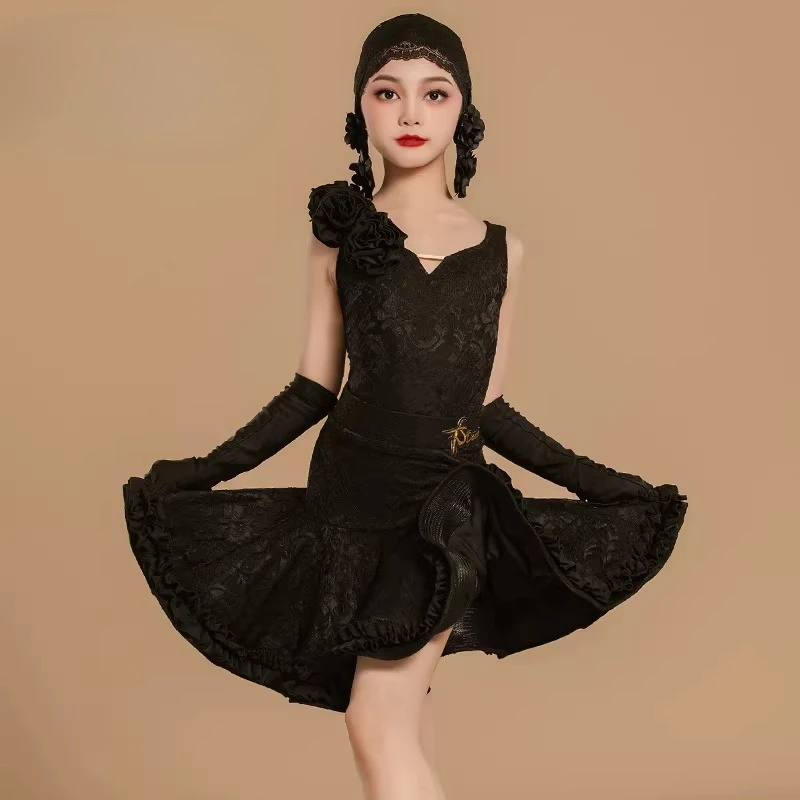 

Новое высококачественное бальное платье для девочек, костюм для латиноамериканских танцев, тренировочный комплект, сценический наряд, комплект из кружевной и тюлевой юбки-миди с корсетной вставкой.