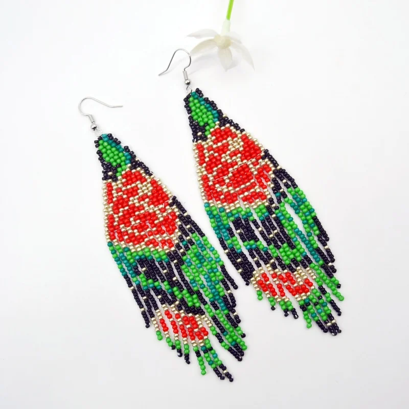 手作りビーズイヤリング レッドローズ柄 手織りタッセル ファッションボヘミアンビーズイヤリング 女性用