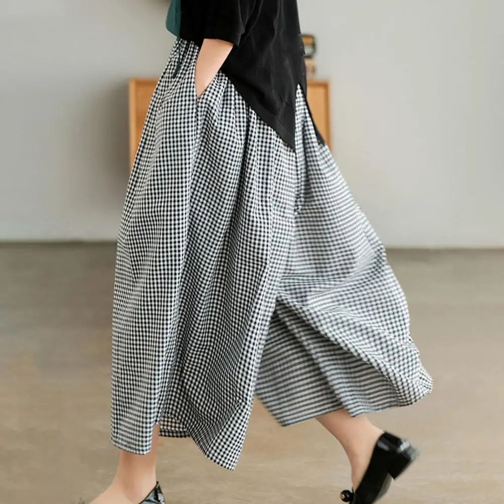 

Women Casual Pants Mid-rise Elastic Waist Plaid Print Pants Skirt With Reinforced Pockets Wide Leg Sport Trousers