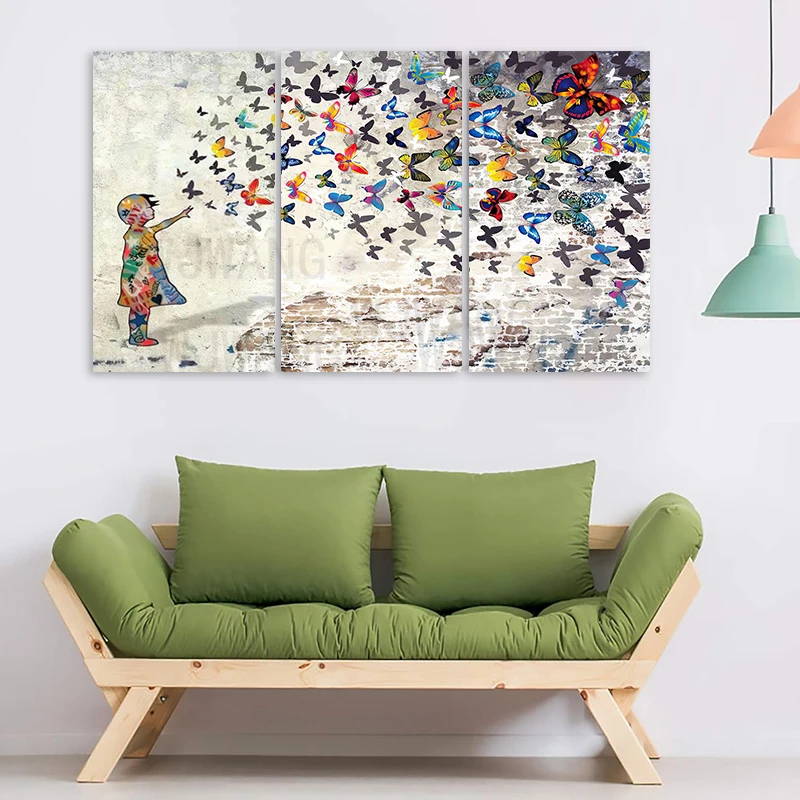 

3PCS Banksy Street Art,Colorful Butterfly Girl Decor, Graffiti Wall Art Canvas Paintings for Office Living Room Home Decoration