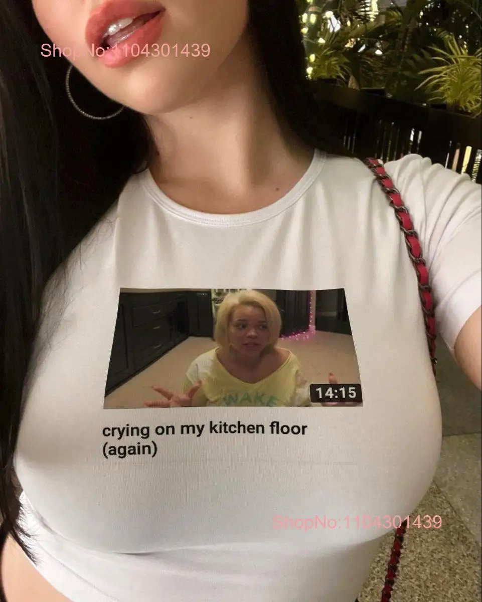 White T shirt iconic Trisha pastas YouTube video crying on kitchen floor long or short sleeves