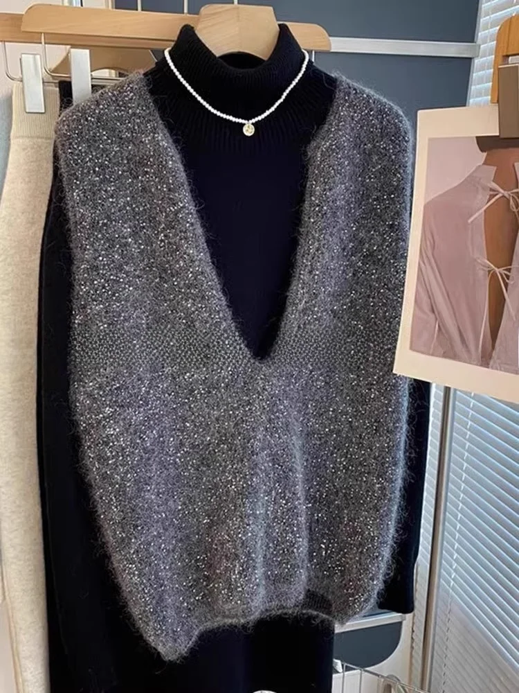 

Korean Sle Luxury Svel Knitted Vest Women's Faion Bright Sparkling Design Layering Tank Top Commute Wind Straight Tube