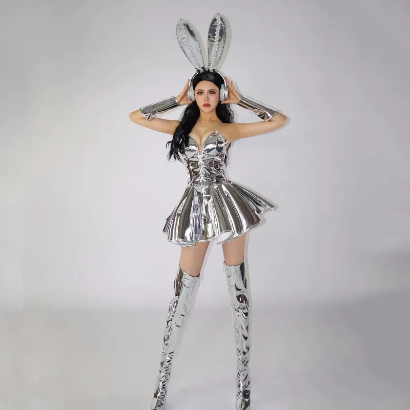 Sexy Gogo Danser Zanger Drag Queen Toekomst Technologie Cosplay Kostuum Vrouwen Zilver Laser Leer Verjaardagsfeestje Strapless Jurk