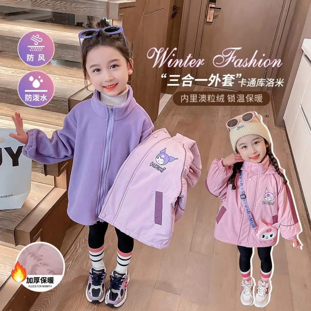 Kawaii Sanrio Kuromi Girls Jackets Two Piece Set Autumn Winter Thicken Coat Windproof Cartoon Cotton Clothes Children's Clothing