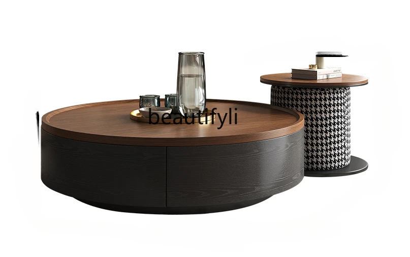 

Retro Round Tea Table Living Room Home Small Apartment New Chinese Style Black Solid Wood Size round Coffee Table