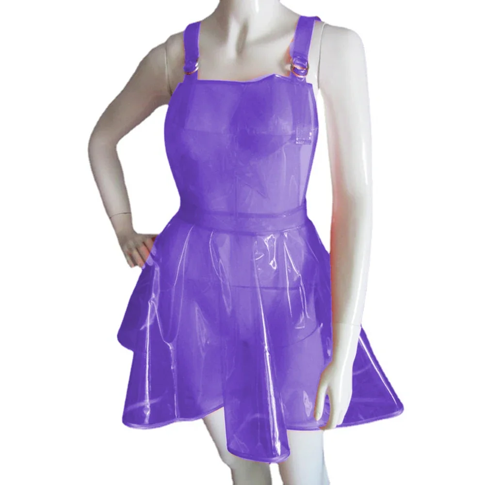 Sissy-Sexy Clear PVC Suspender Dress, Adjustable, Wide Shoulder Straps,Pleated Fetish, Plastic Overall, Apron Dress, Exotic, 7XL