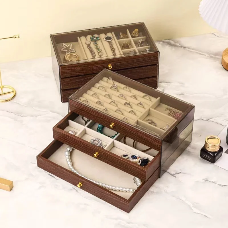 Multi-layer Wooden Jewelry Box Transparent Window Rings Necklace Jewelry Storage Case Organizer Bracelet Earrings