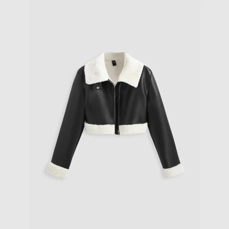 

Fur Collar Zip Jacket Leather And Fur Integrated Women's Coat Spring Seasonal Outerwear Zipper Closure Long Sleeve