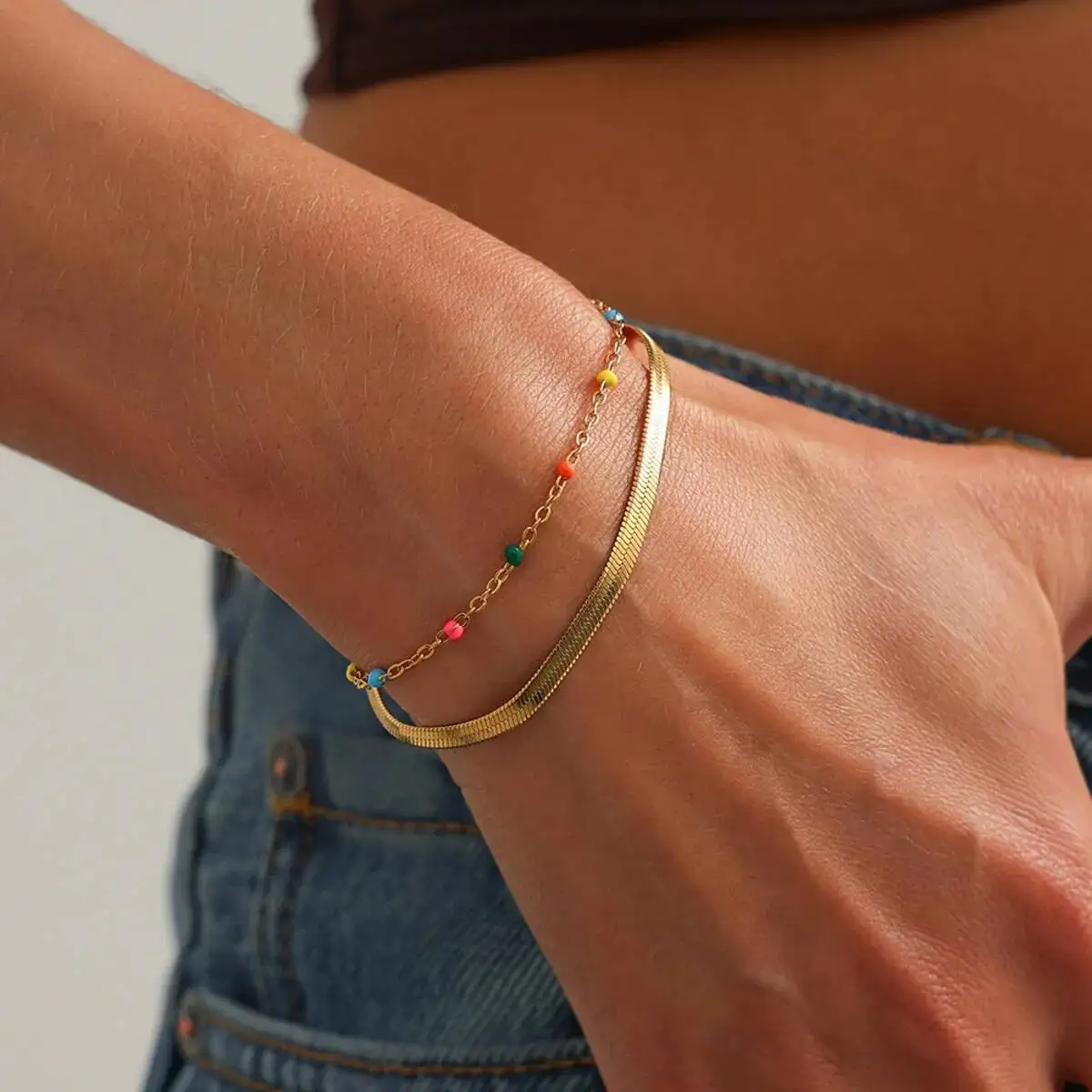 IngeSight.Z 2026 Boho Gold Color Stainless Steel Snake Chain Bracelet Trendy Stackable Colorful Beaded Bangle Waterproof Jewelry