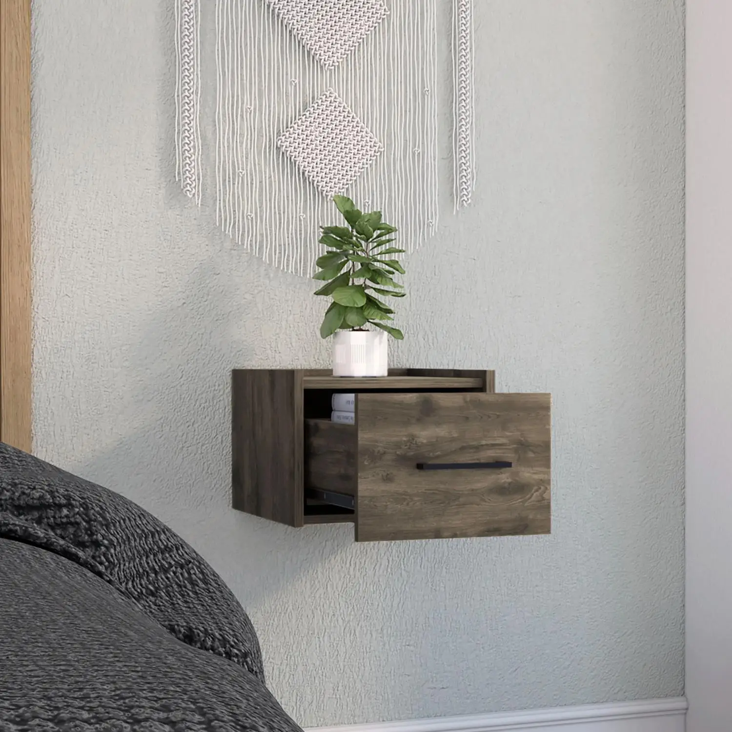Boa Floating Nightstand, Wall-Mounted Single Drawer Design with Handle Dark Brown