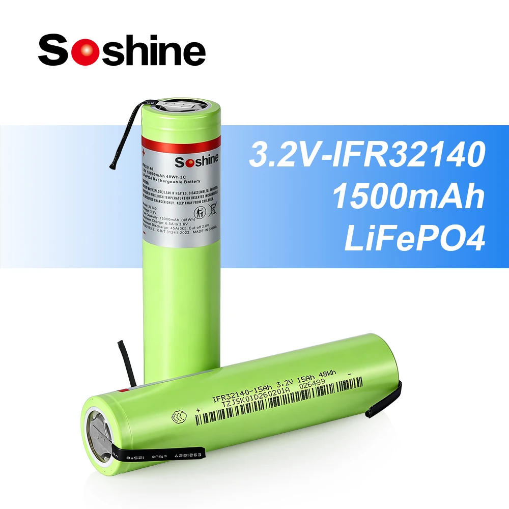 Soshine 32140 15Ah LiFePo4 Battery with Welding Tabs 100% Original 3.2V 32140 Rechargeable Batteries for Scooter Outdoor Power