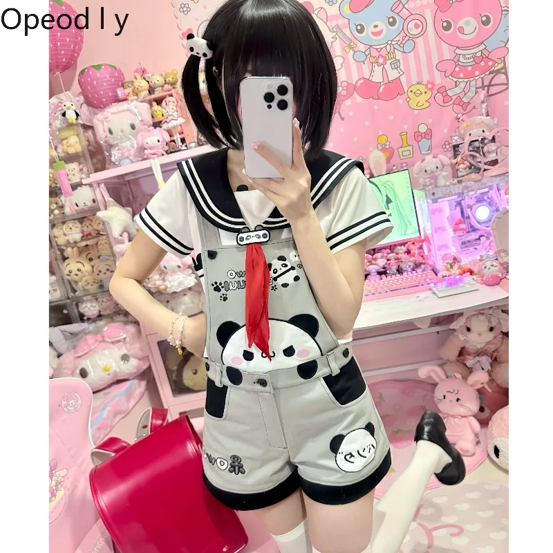 

Japanese Original Sweet and Cute Wind Soft Girl Lolita Two-piece Sailor Suit Overalls Doll Girl Cartoon Panda Suit