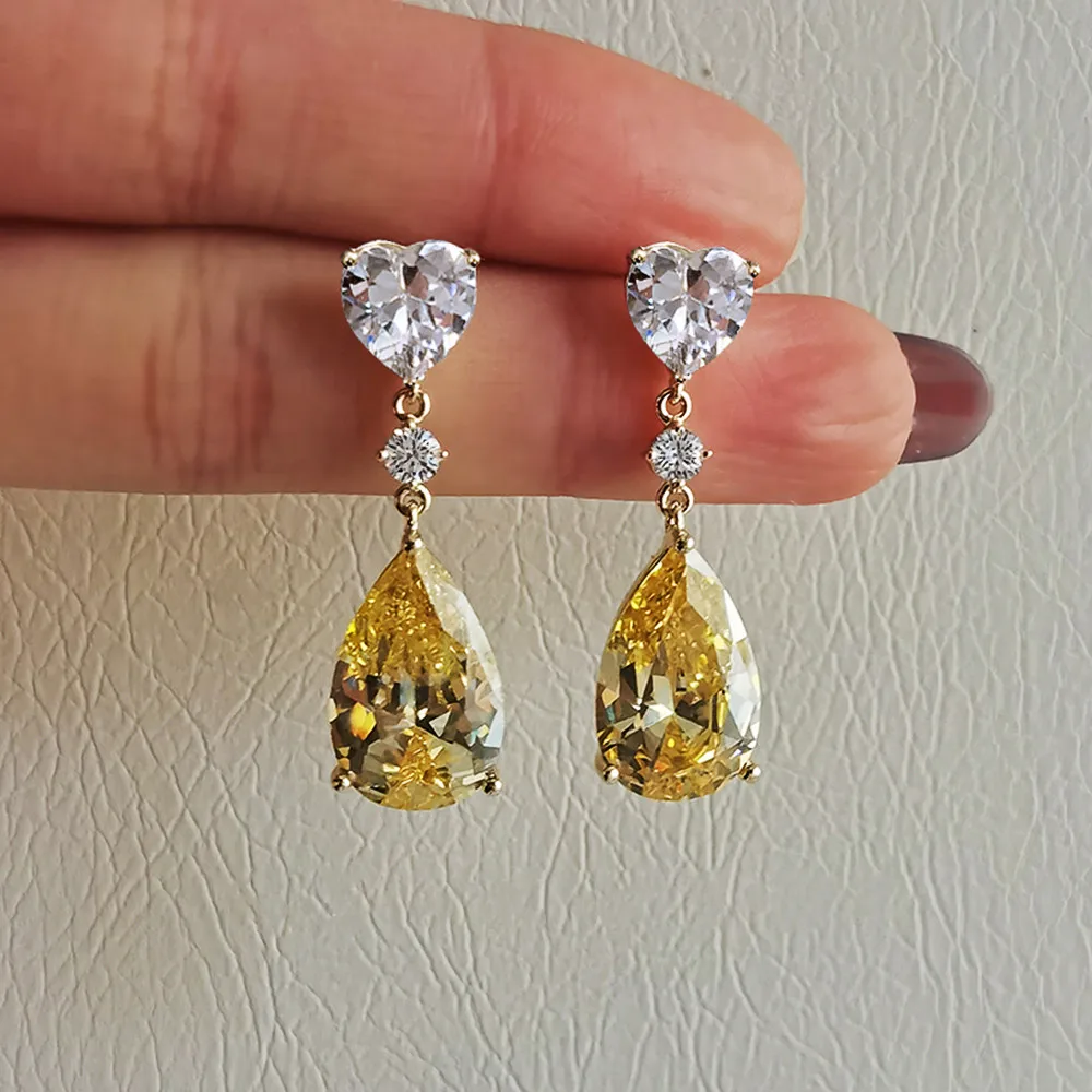 Huitan Temperament Yellow Pear Cubic Zirconia Drop Earrings Luxury Fashion Women Ear Accessories for Engagement Wedding Jewelry