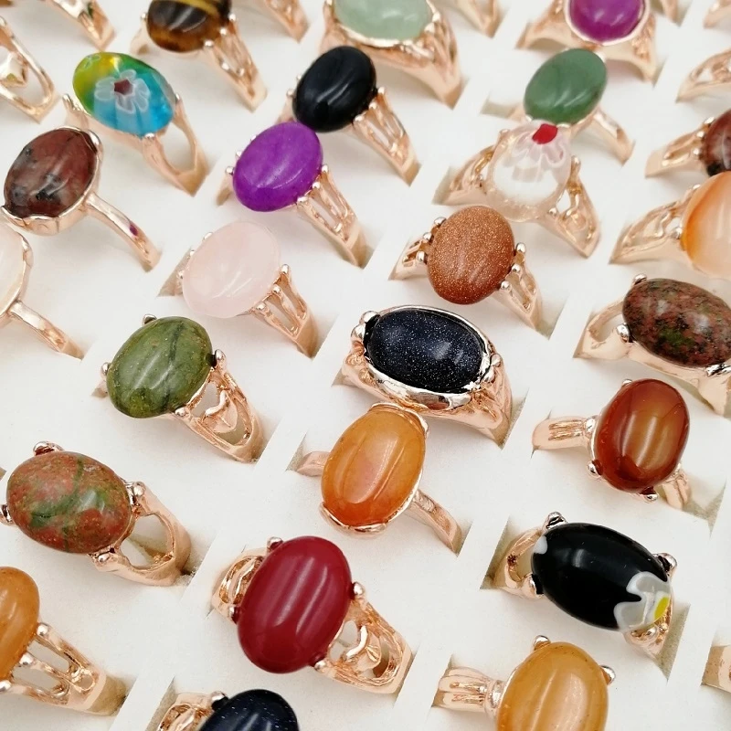 1/5/10/20/30/50pcs Vintage Multi Color Oval Stone Finger Rings For Women Silvery Rose Golden Plate Bohemia Jewelry Wedding Party