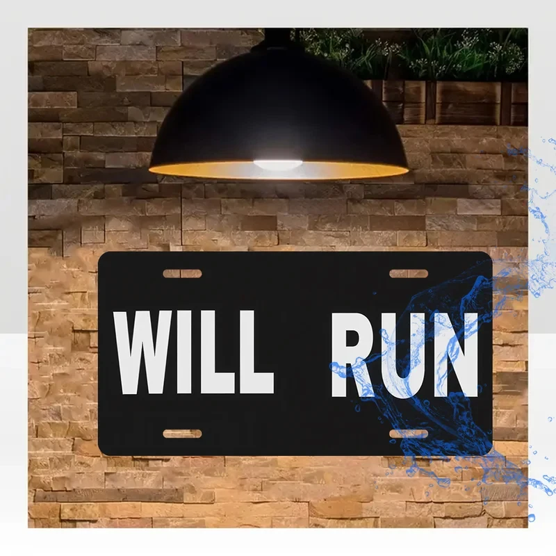 Image of „Will Run“ Aluminium-Nummernschildrahmen – Schwarz mit weißem Text, langlebige Autodekoration für alle Fahrzeuge, 1 Stück
