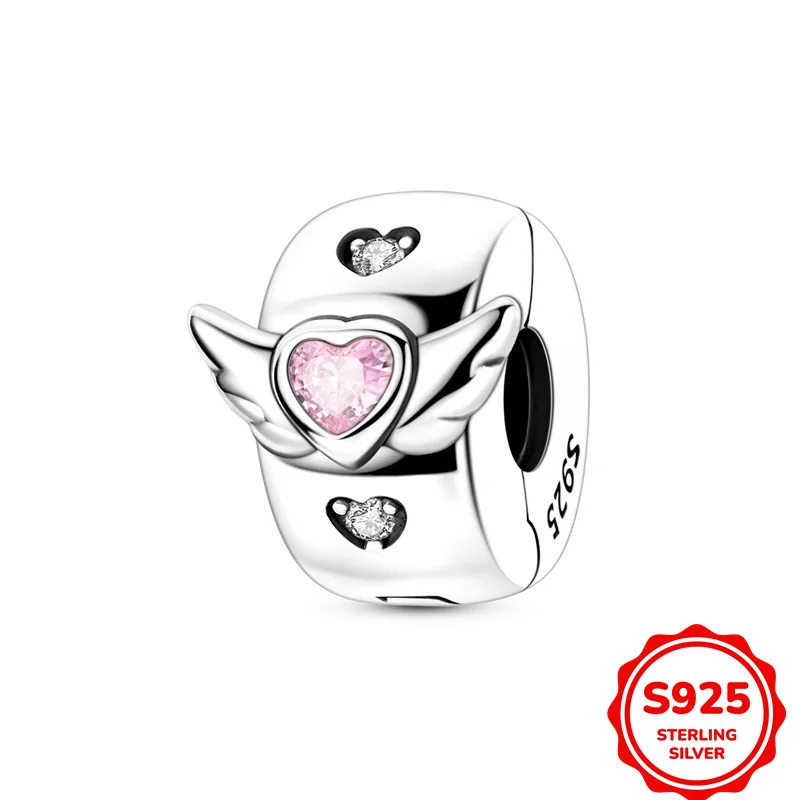 

100% 925 Sterling Silver Charms Beads Heart-Shaped Wing Clip Charms Fit Original Bracelet DIY Women Jewelry Gift