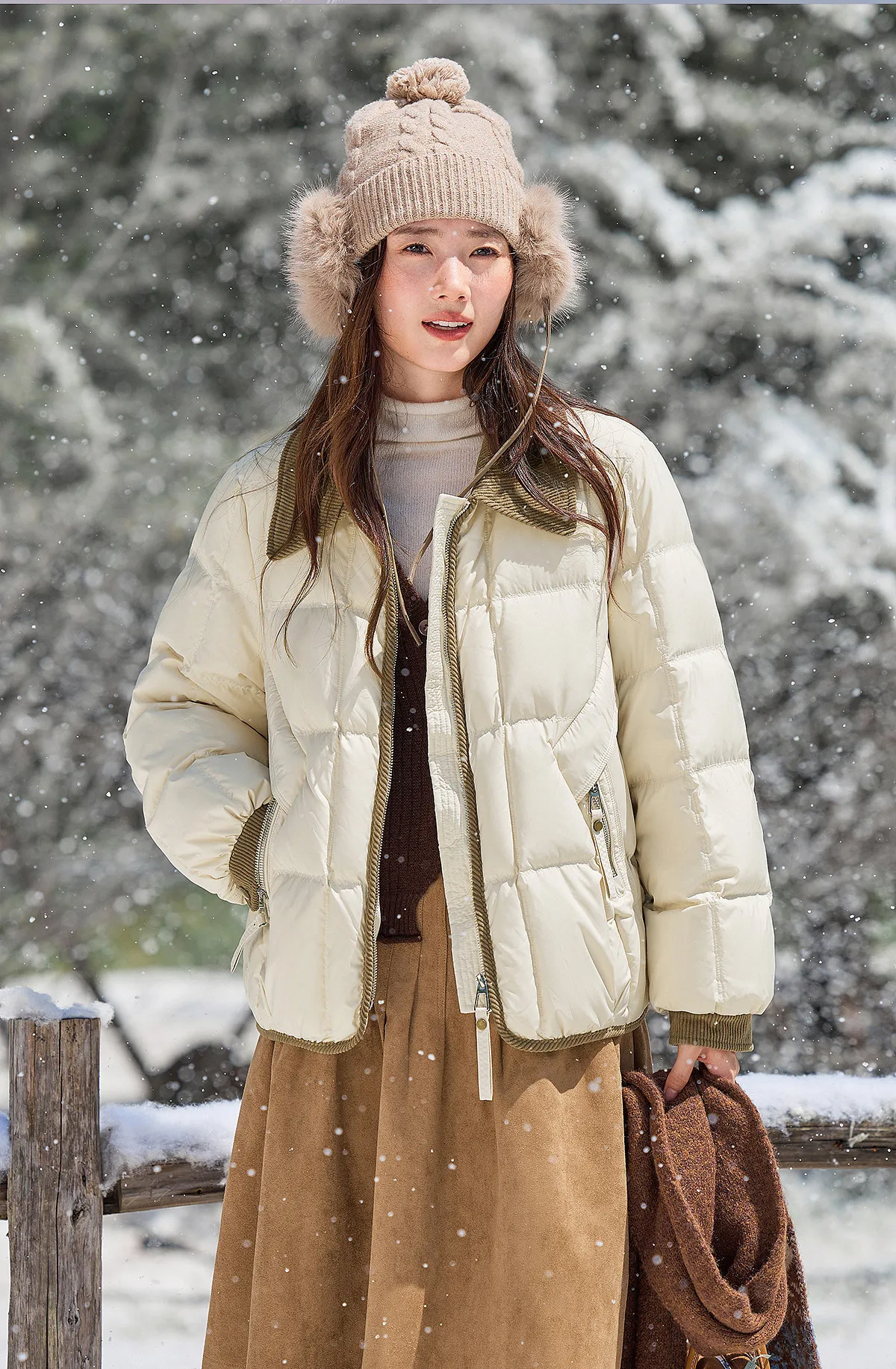 SENTUBILA 90% White Duck Down Jacket Women's 2026 Color Contrast Lapel Zip Pocket Coat Winter Loose Warm Outerwear W64YC7611