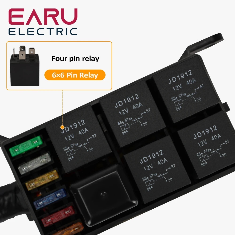 Earu12V Relay Box 6 Way Relay Fuse Box 12 AWG Pre-wired Waterproof Relay Box 6 Slot ATC/ATO Fuse Relay Block for Car Marine