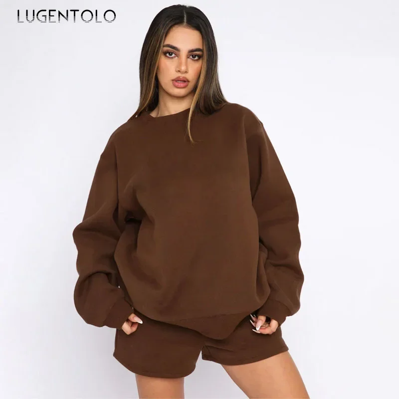 Women Sweatshirt Two-piece Set Vintage Solid Color O-neck Pullover Comfortable Casual Shorts Fashion High Street Sports Outfits