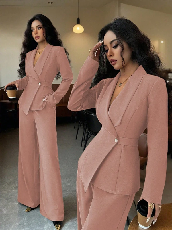 Damen-Wickelblazer-Anzug, zweiteiliges Set, mit Gürtel, V-Ausschnitt, langärmelige Jacke, Hose mit weitem Bein, schmal geschnitten, elegant, formell, für Büro und Partys. – Detail 17