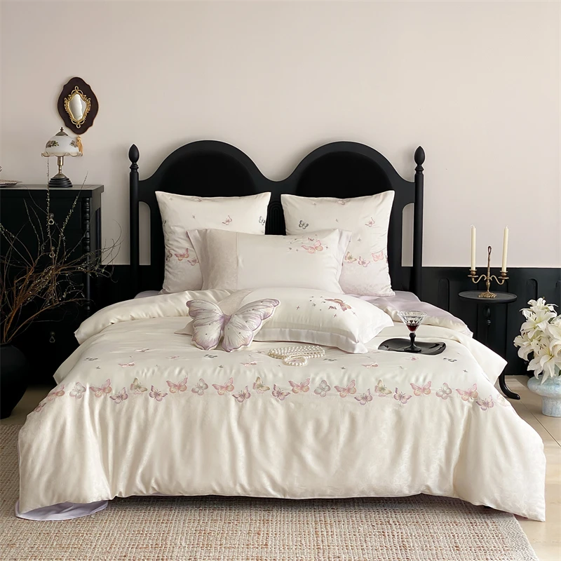

Lyocell Jacquard Soft Silky Cool Feeling Bedding Set Butterfly Embroidery Duvet Cover Bed Sheet/Fitted Sheet Pillowcases 3/4Pcs