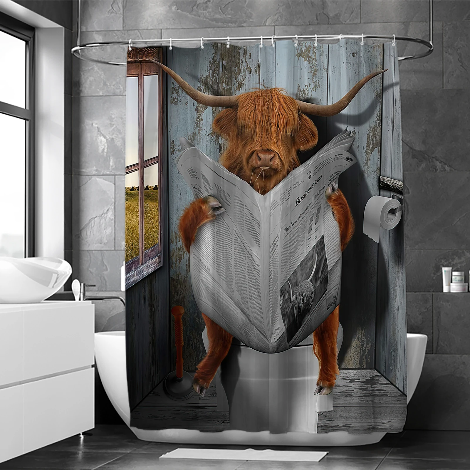 1 Pcs cartoon countryside yak waterproof shower curtain, bathroom decoration for reading newspapers, with 12 plastic hooks