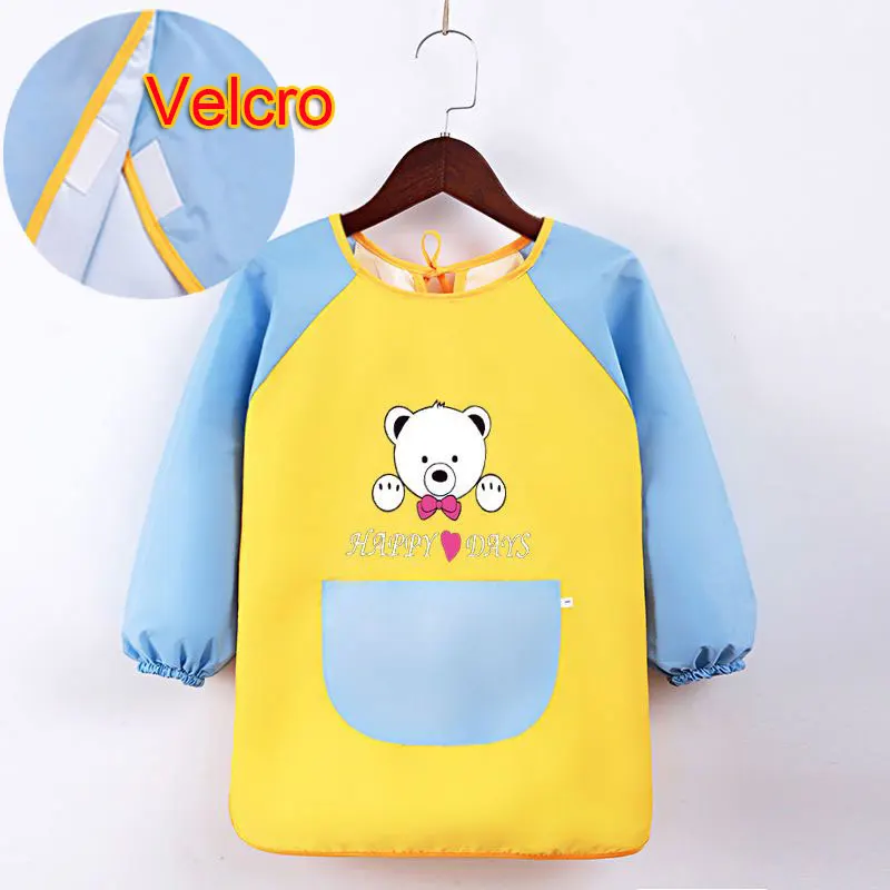 Baby Kids Toddler Long Sleeve Scarf Waterproof Art Smock Feeding Bib Apron Pocket Infant  Burp Cloth Bibs Cartoon Print Smock