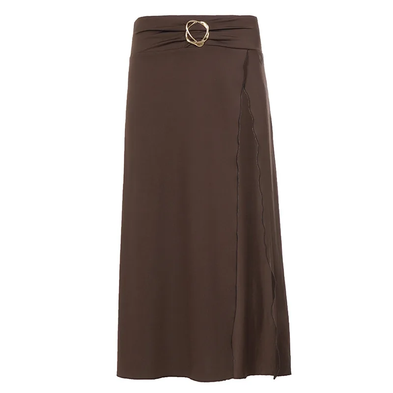 solid color slit metal buckle splicing elegant early autumn slit half skirt