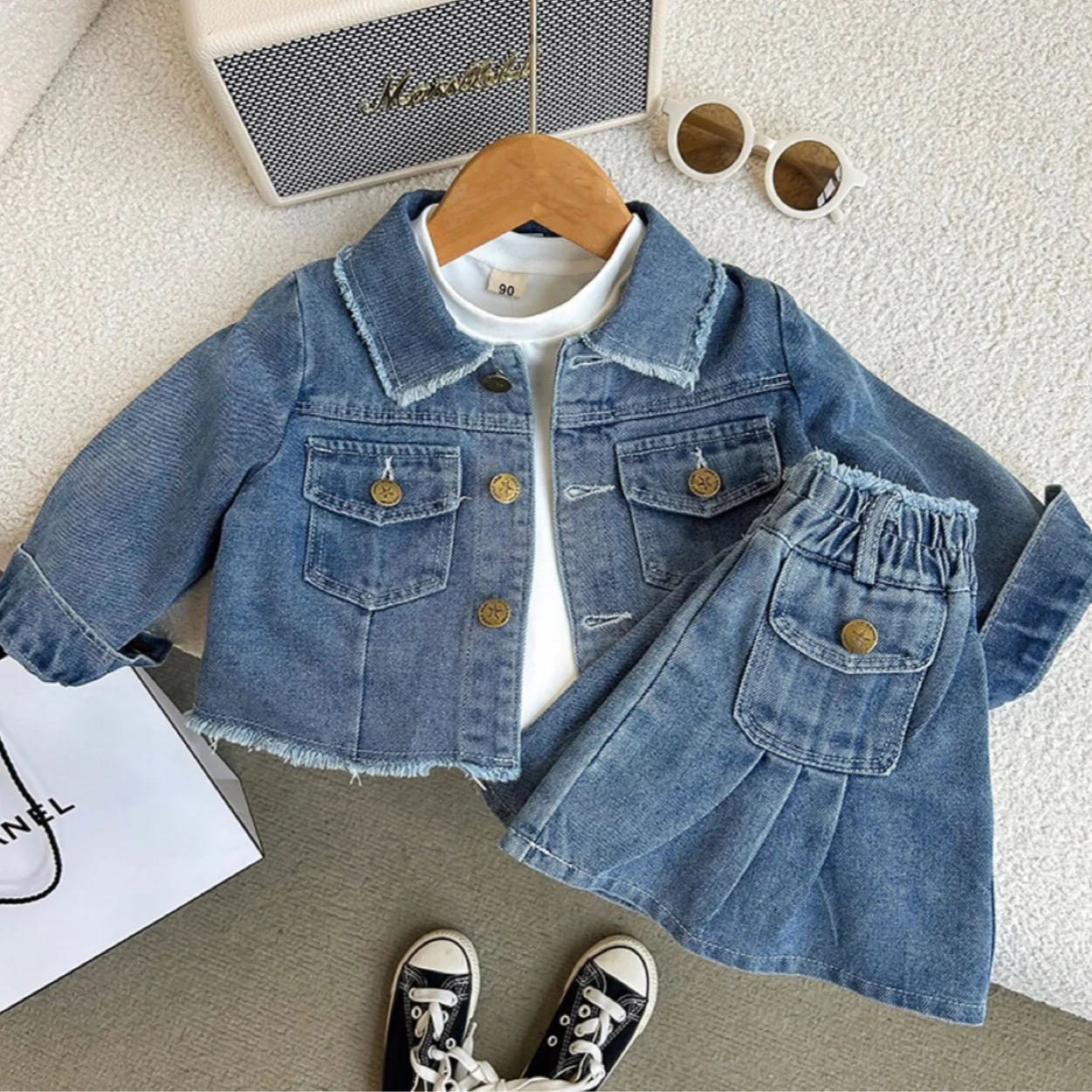 Children\'s Clothing Sets Denim Lapel Long Sleeve Denim Coat + Pleated Skirt Baby Girl Outfit Set Kids Clothes Girls 2 To 7 Years