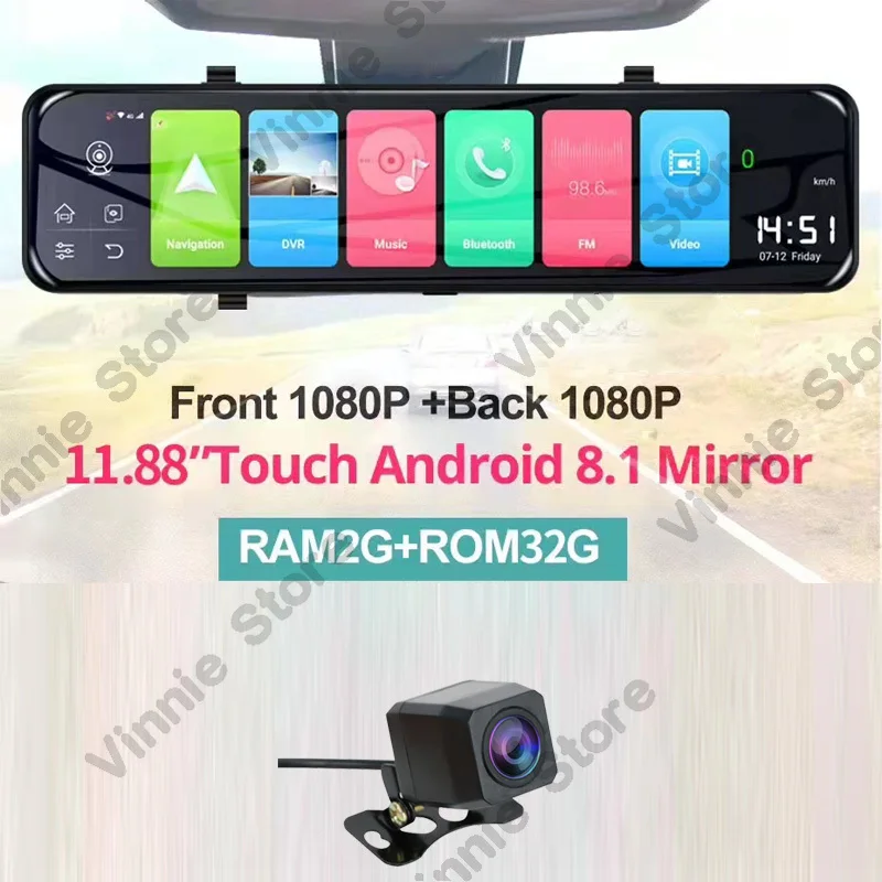 Android 8.1 12'' Car RearView Mirror Dash Cam Stream Media Dual Lens 1080P Camera Dash Cam 4G Wifi GPS Navigator