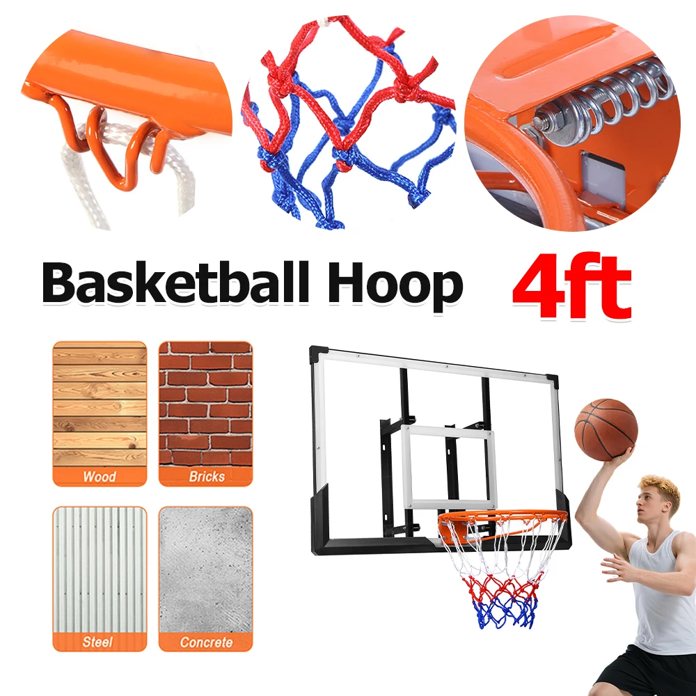 Ring Basket 4ft Terpasang di Dinding, Set Papan Pantul Basket, Kit Kombo Ring Tahan Segala Cuaca, Tahan UV untuk Sekolah, Gym, Dalam Ruangan, Luar Ruangan