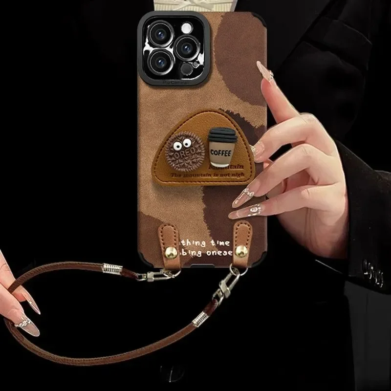 

Case For iPhone 15 16 17Promax 11 12 13 Pro Max Phone cases with Stand cute 3d Coal ball coffee kawaii Casing &hanging rope