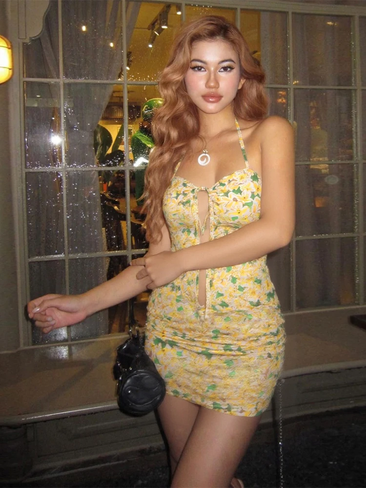 

Kliou пейзажный принт женский одинаковый комплект из 2 предметов летний новый гофрированный бандаж Холтер с разрезом майки + мини-юбки женские праздничные наряды