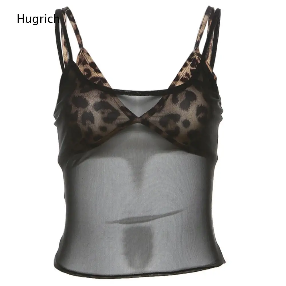Double Thin Strap Leopard Patch Tank Women Deep V Sheer Mesh Slim Short Y2K Vintage Layering Camisole
