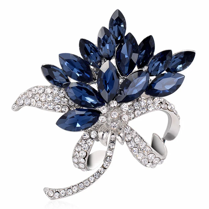 Elegant Zircon Orchid Flower Lapel Brooch Blue Bouquet Crystal Corsage Pins Brooches for Women Girls Wedding Jewelry Gift