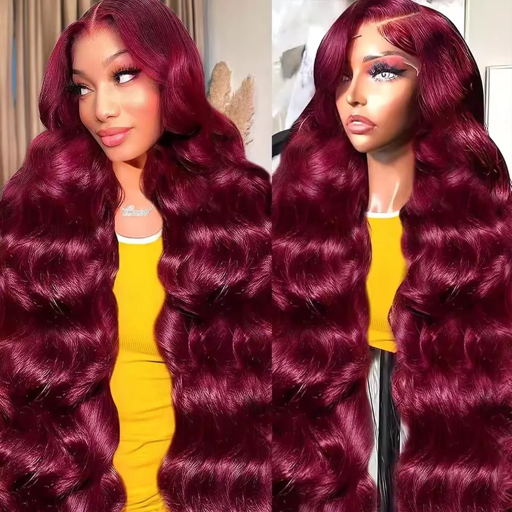 

34 inch 99J Burgundy Body Wave Wigs 13x4 HD Transparent Lace Full Frontal Human Hair Wigs Pre Plucked 99j Colored Wigs