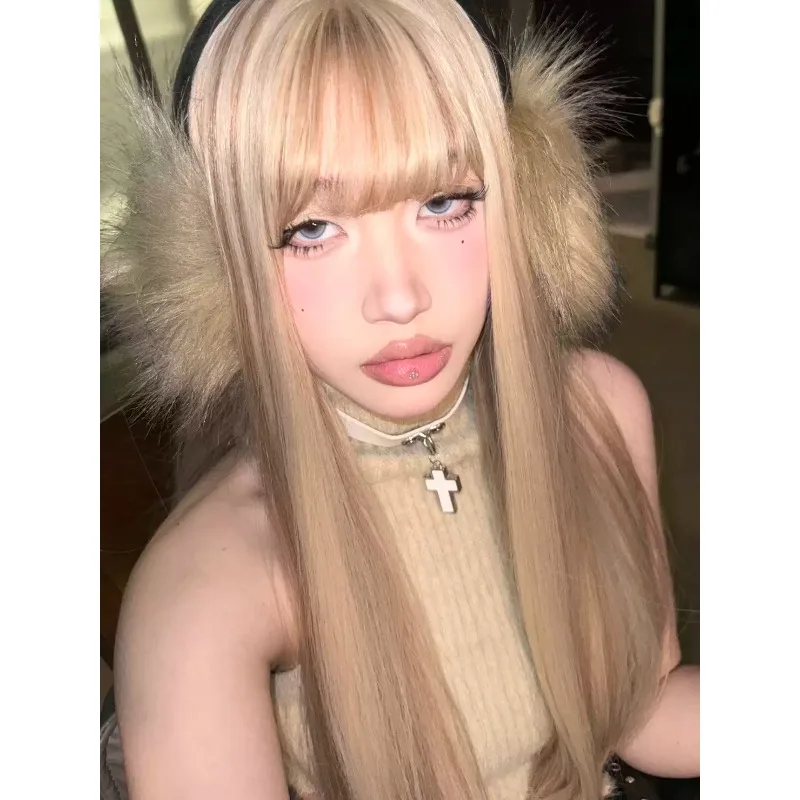 Matte Smooth Long Straight Wig Light Blonde Highlight Light Brown with Bangs High Temperature Fiber Wig for Women Cosplay Party