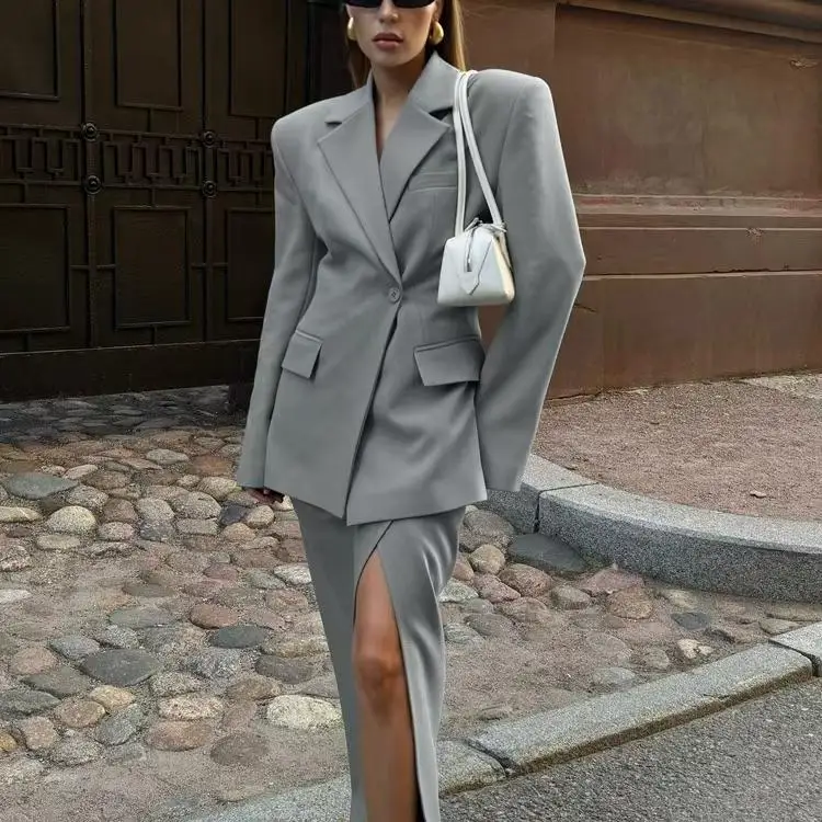 

Faionable Flip-Collar Suit Jaet And f Skirt Two-Piece Set Long Sve Button-Up Sle Ele And Sli Women's Ense...