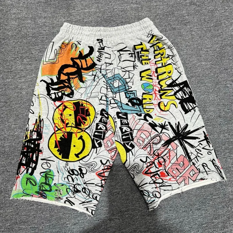 Graffiti Print Raw Hem Sweat Shorts Men Women Y2K High Street Hip Hop Casual Cotton Shorts