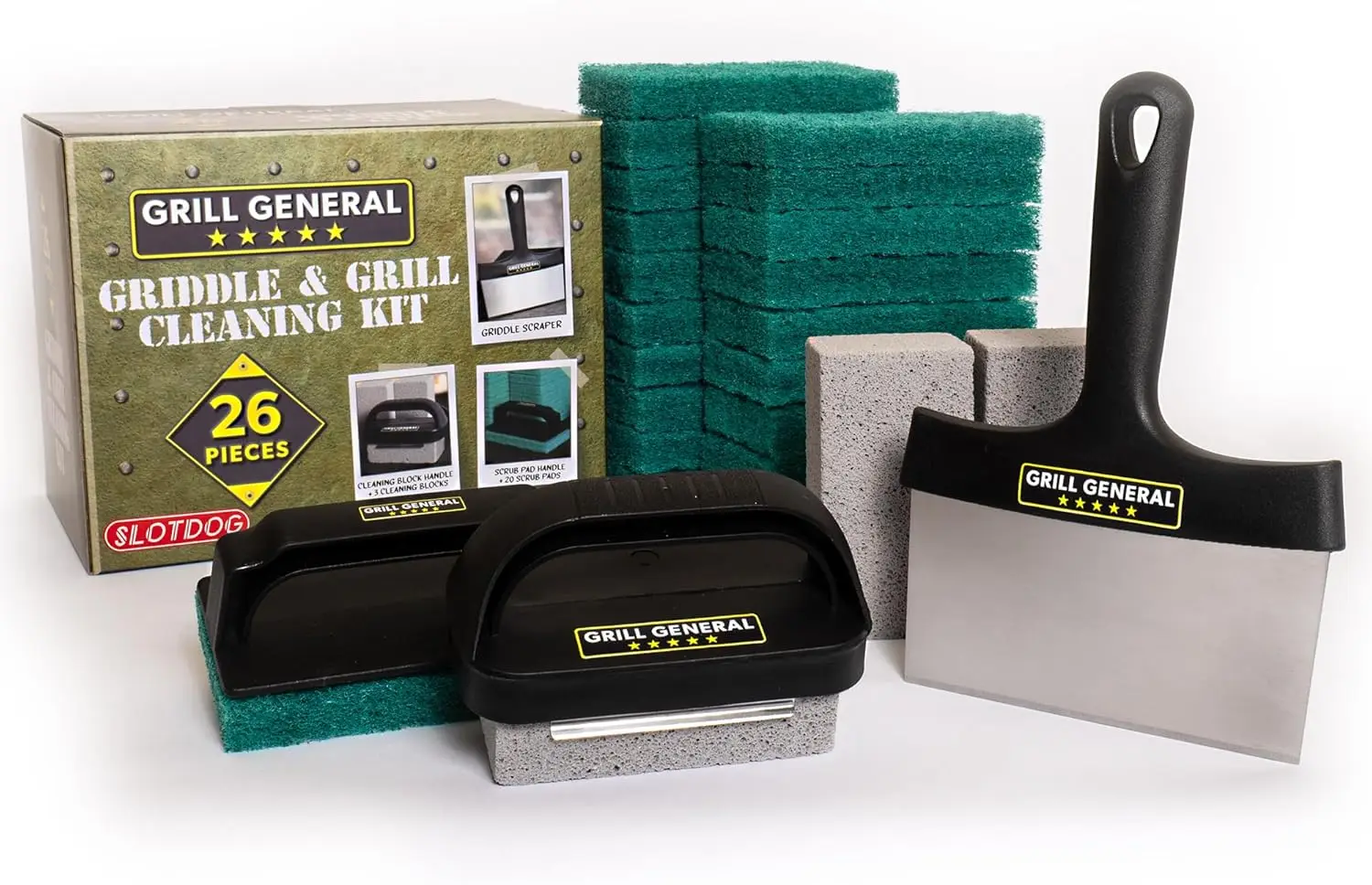 

Grill General 26-Piece Griddle & Grill Cleaning Kit for Blackstone, Weber, Traeger - Stainless Steel Scraper, 20 Pads, 3 Blocks,