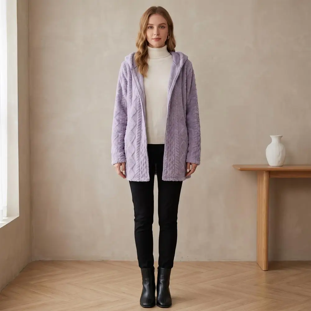Full Zipper Suede Sweater Women’s Winter Hooded Cardigan Jacket Full Zipper Suede Fleece Outerwear Long Sleeve Coat for Wear