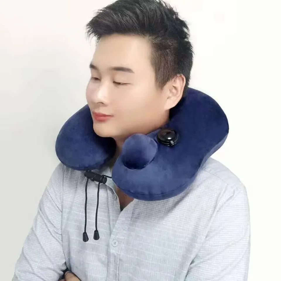 

U-shaped Inflatable Travel Pillow Hand Pressing Foldable Press To Inflate Pillow With Storage Bag Soft Neck Support Cushion