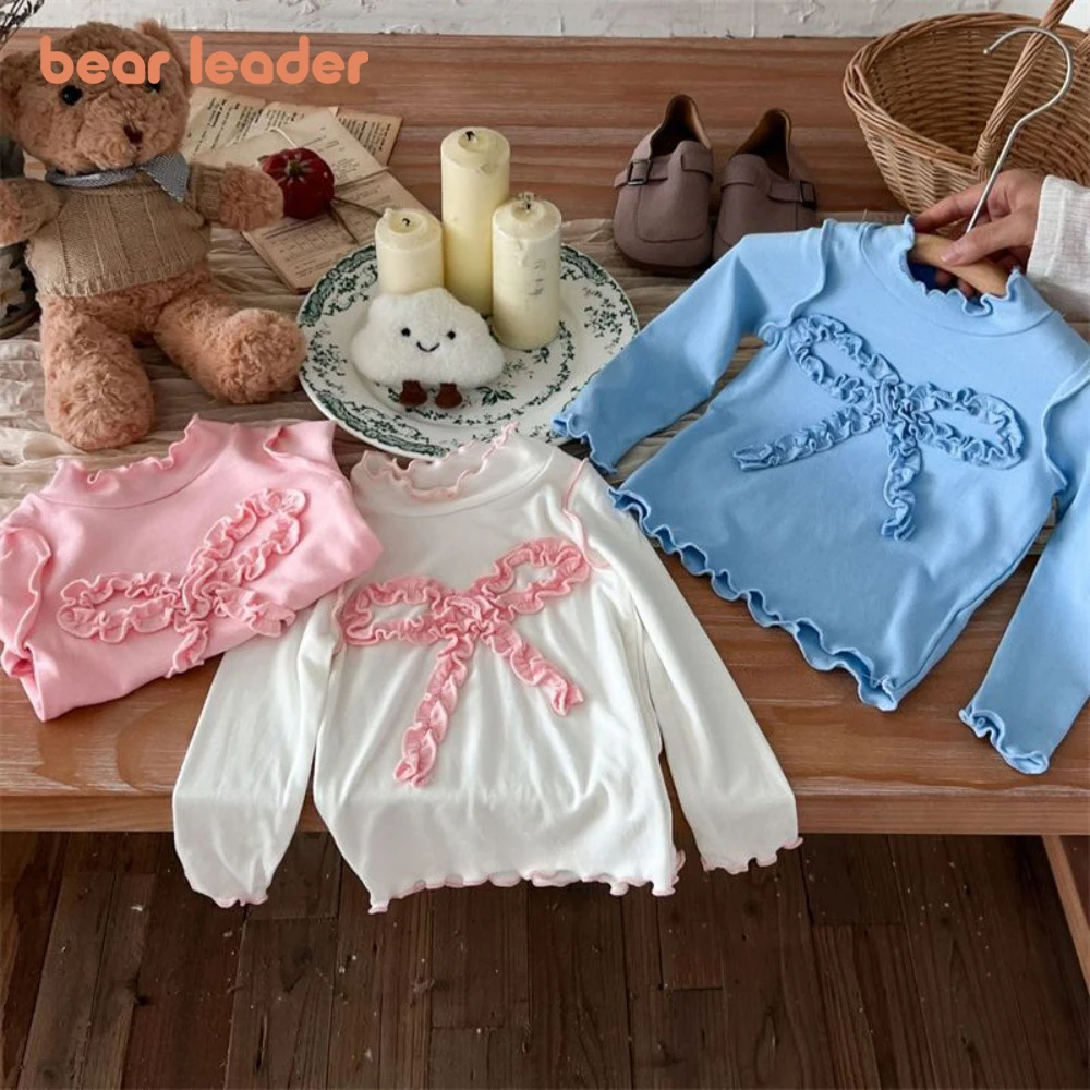 

Bear Leader Autumn New Solid Color Base Shirt Children's Clothing Lace Bow Long Sleeved Top Spring Basic Simple Girls Clothes