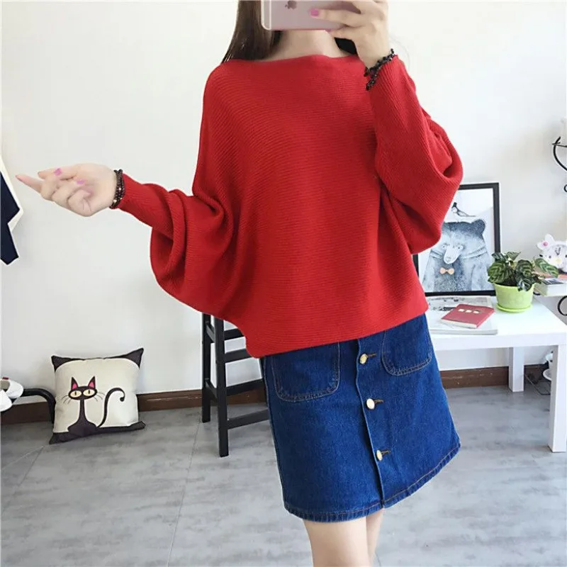 Solid color sweater with core spun yarn pullover one necked long sleeved bate shirt, Korean version knitted top