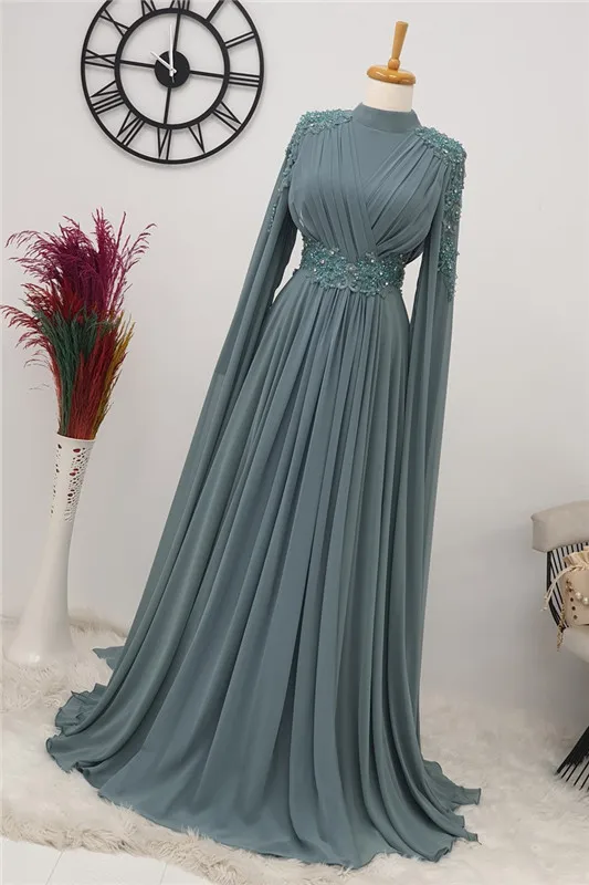 Long Chiffon Appliques Evening Dress with Cape High Neck Dubai Arabic Long Sleeves Formal Prom Party Gowns Beaded Robe