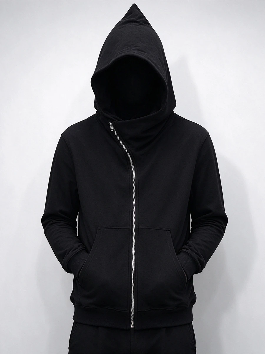 Men's Black Asymmetric Zip Up Hoodie Pointed Wizard Hat Kangaroo Pocket Gothic Hip Hop Streetwear Casual Sweatshirt Couple Coat