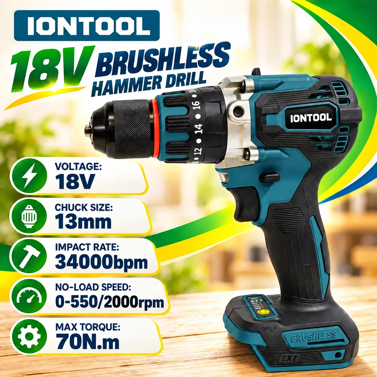 IONTOOL 18V Brushless Cordless Impact Drill 70Nm 13mm Keyless Chuck 2 Speed Driver for Wood Metal Masonry DIY